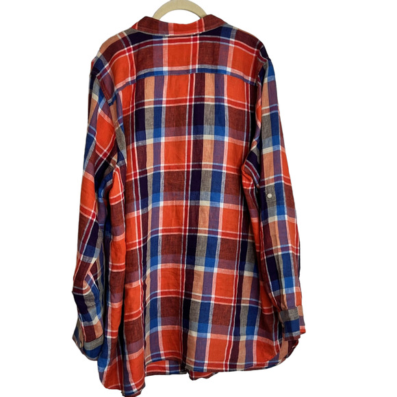 Lauren Ralph Lauren 100% Linen Blouse 2X Orange Blue Plaid Long Sleeve Button Up - Picture 3 of 6